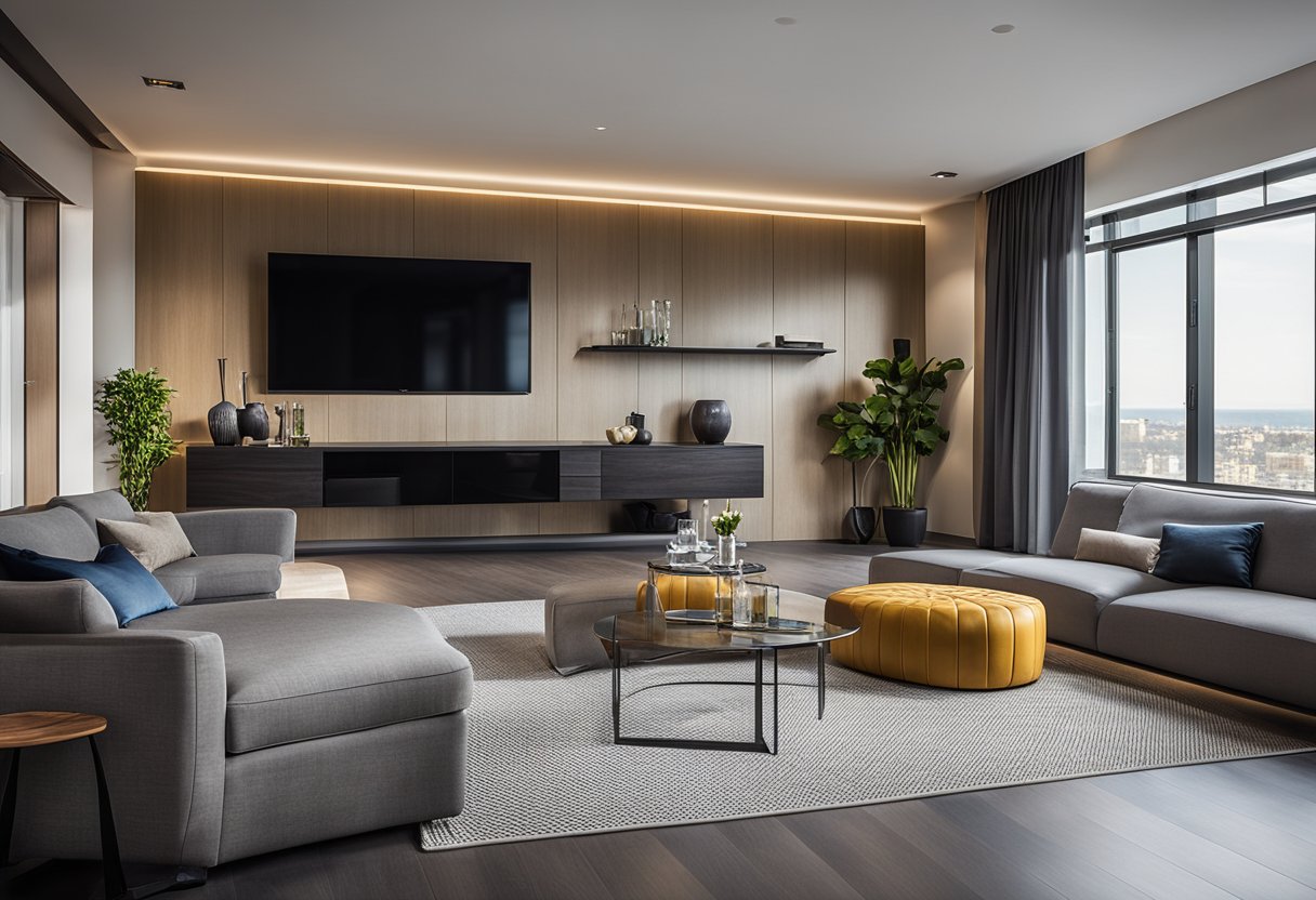 A modern living room with a large flat-screen TV displaying a high-quality IPTV service. Surrounding the TV are comfortable seating and a sleek entertainment center