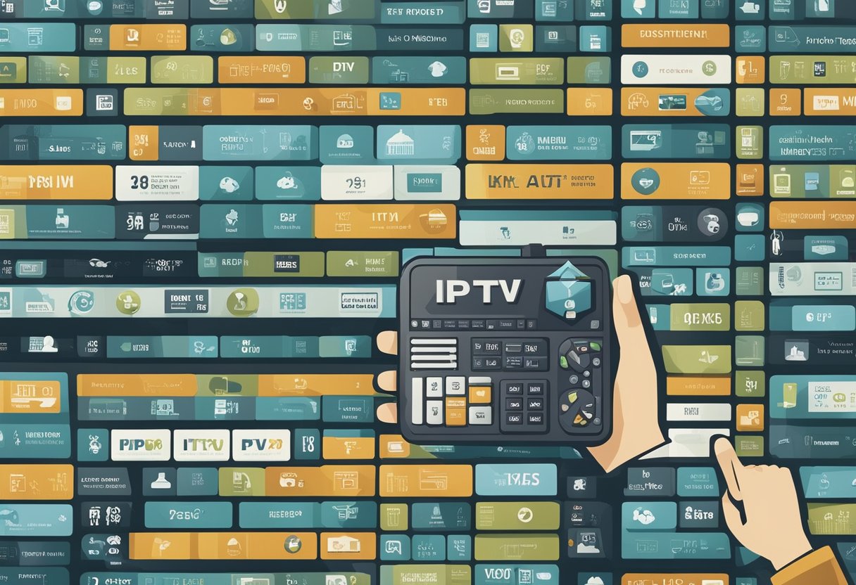 An illustration of a person selecting the best IPTV provider from a list of options. The person is shown using a remote control to navigate through different choices