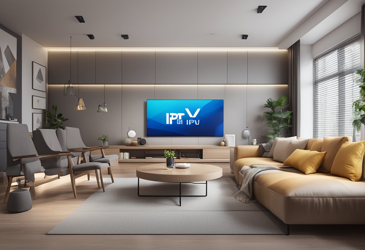 A modern living room with a large TV displaying IPTV BIH logo, surrounded by comfortable furniture and soft lighting